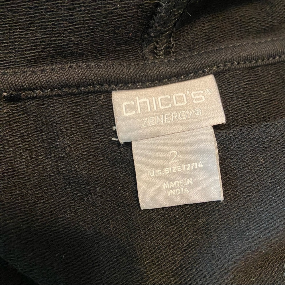 Chico's Zenergy Sz 2 French Terry Black Hoodie Leopard Print Silver Sequin Beads - Picture 11 of 12